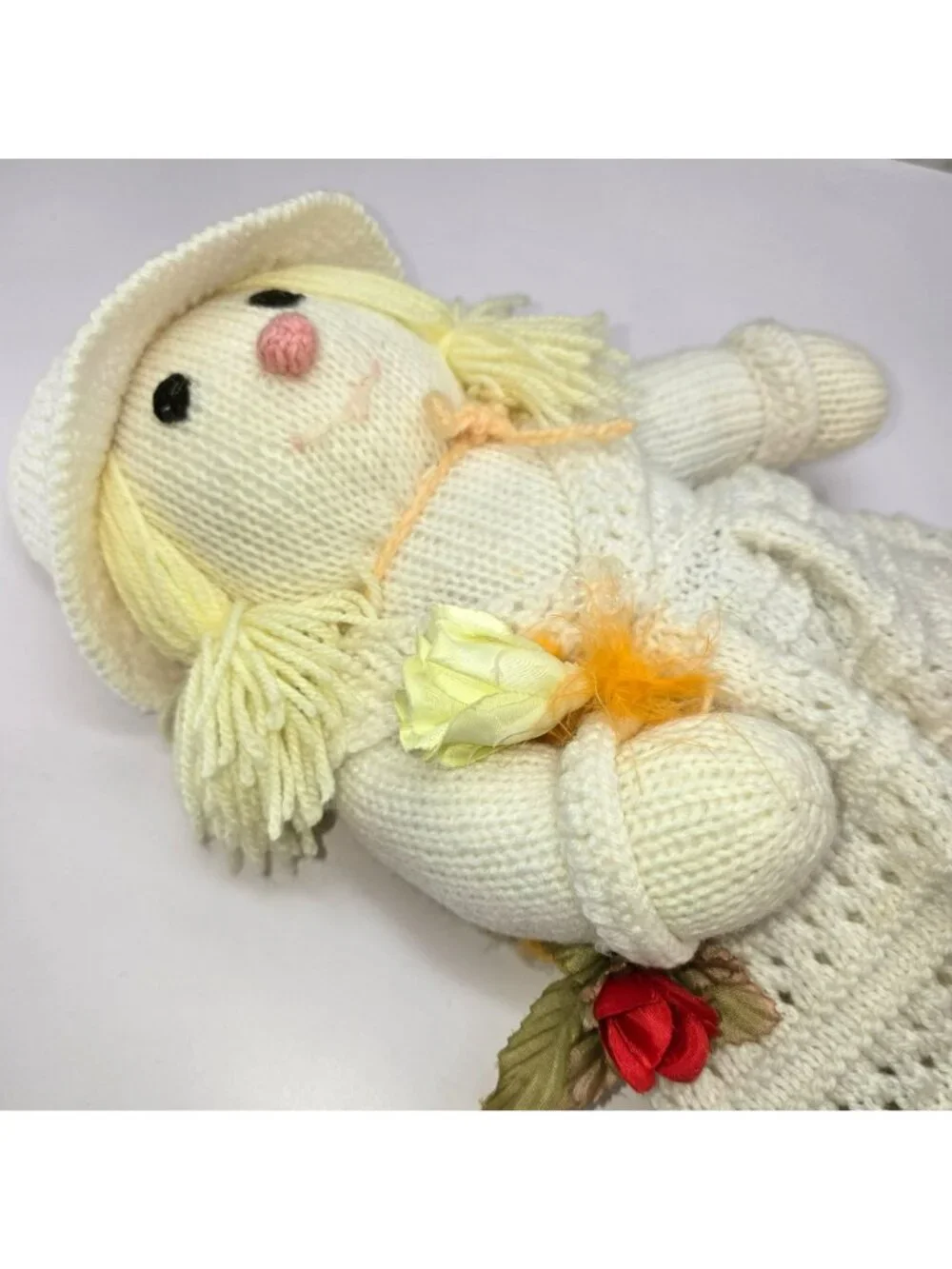 Knitted Victorian Style Doll Hat & Dress Blonde Yarn Hair Soft Plush Toy VL5184
